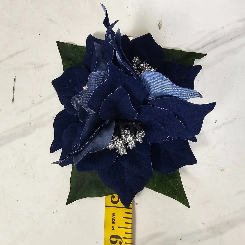 Handmade Navy Blue Poinsettia Hair Flower Clip Holiday Winter Glitter‎ Pinup